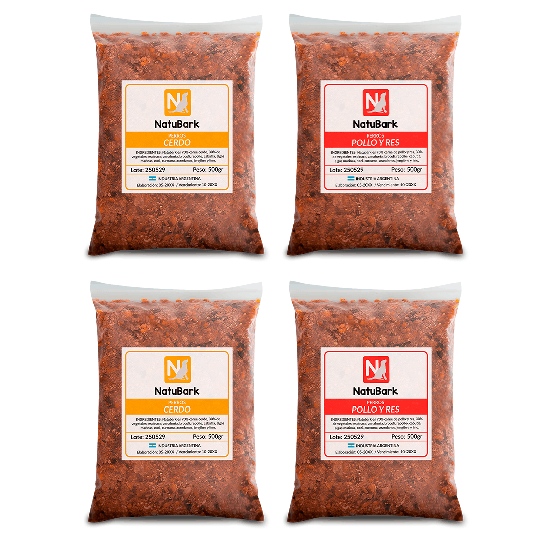 PACK ADAPTACIÓN - 2 kg Alimento Natural Cocido para Perros: Mix Premium de Pollo, Res y Vegetales / Cerdo