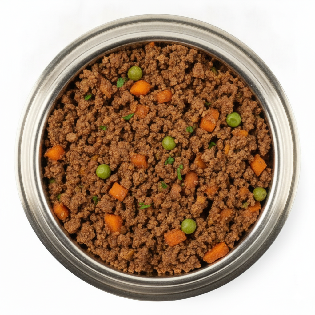Comida natural cocida para perros Natubark — carne y vegetales frescos vistos desde arriba